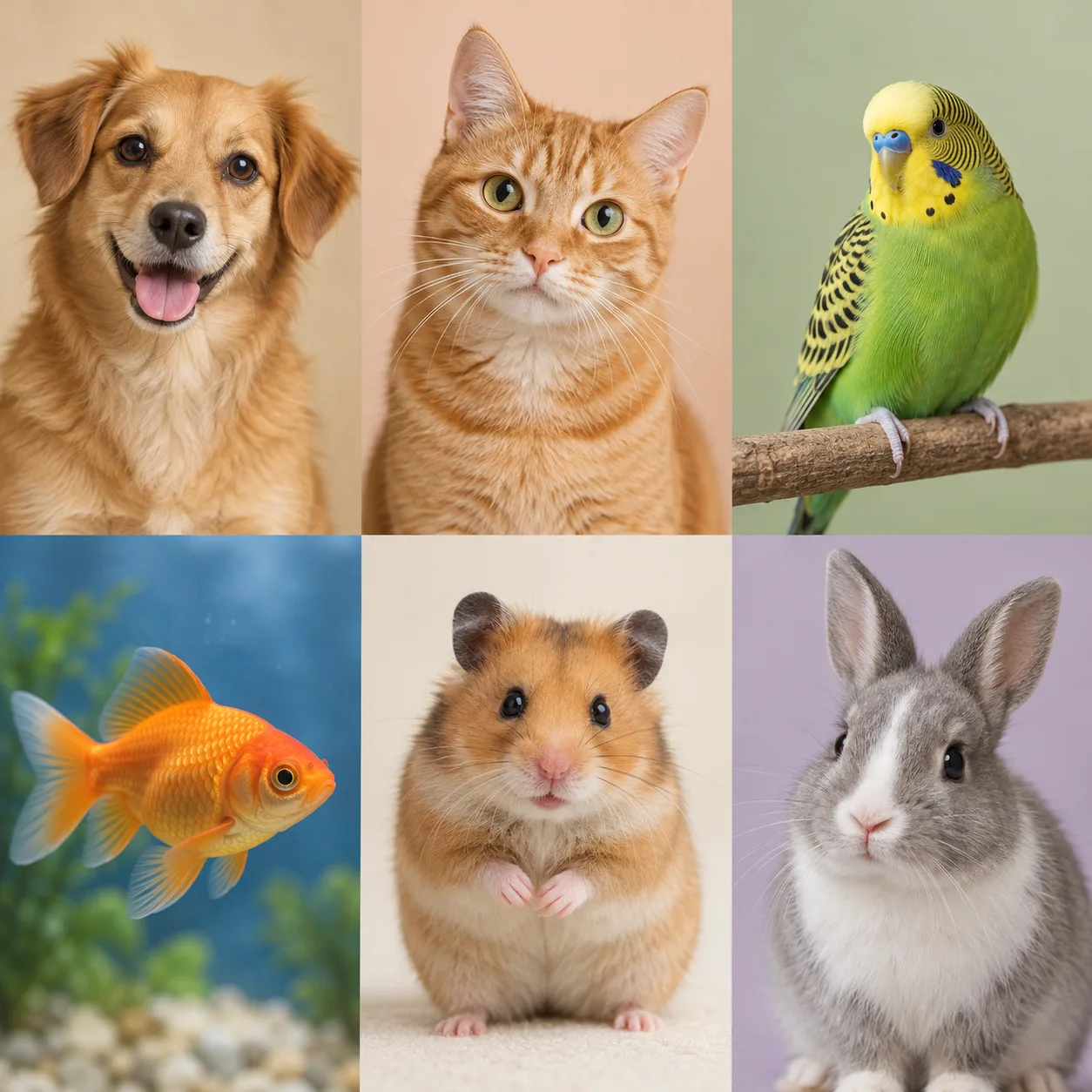 Retratos de um cão, um gato, uma ave, um peixe, um hamster e um coelho.